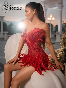 Женское платье с красными блестками VC, красивое Мини-платье без рукавов, украшенное перьями, Сексуальное платье для вечеринки 2023, Новинка