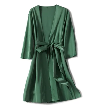 Зеленое Женское Повседневное Кимоно из искусственного шелка, Халат, Весенне-осеннее Новое Домашнее платье, Свободная пижама с поясом, Ночная рубашка, халат