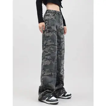 Камуфляжная уличная одежда в стиле хип-хоп, американский комбинезон с широкими штанинами, дизайнерский дизайн, Осенние новые выстиранные повседневные джинсы Harajuku, женские брюки