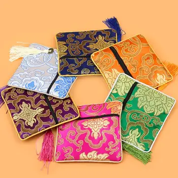 Китайские квадратные шелковые сумки-органайзеры для ювелирных изделий, сумка на молнии, дорожные сумки с вышивкой и цветами, кошелек для монет, упаковка Небольшого подарка