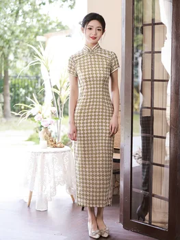 Китайское Традиционное Атласное платье Ципао с пуговицами ручной работы, Элегантная Леди, Повседневное платье Чонсам с коротким рукавом