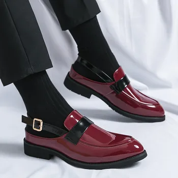 Классическая модная мужская летняя обувь из красной блестящей кожи на низком каблуке, элегантные мужские модельные туфли, официальные сандалии с пряжкой, Zapatos De Vestir
