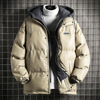 Кожаная зимняя куртка с капюшоном и хлопчатобумажной подкладкой 2023, Новая мужская модная брендовая однотонная подростковая одежда большого размера, теплые повседневные пальто для мужчин