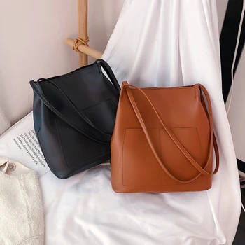 Корейская женская сумка с двойным карманом на одно плечо, простая модная сумка-мешок, Всевозможные сумки из искусственной кожи большой емкости