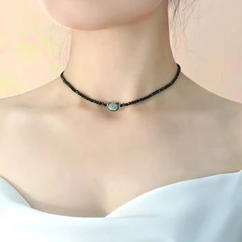 Корейская мода Черная Шпинель Натуральная раковина Кошка Прекрасное ожерелье из стерлингового серебра 925 Пробы для женщин