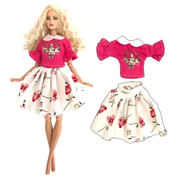 Костюм NK 1, кукольное платье, Красная футболка, Белая юбка, повседневная одежда, модный узор, подходящий для куклы Барби, Аксессуары, подарочная игрушка