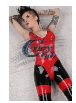Красно-черный сексуальный женский латексный комбинезон Crazy Club без рукавов с глубоким вырезом и застежкой-молнией на промежности большого размера, горячая распродажа
