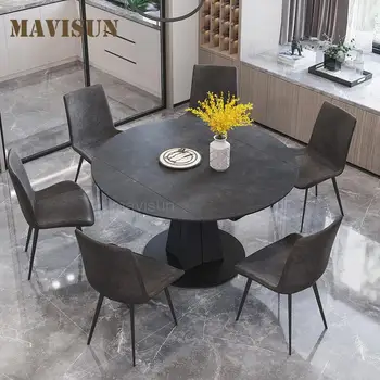 Круглый обеденный стол из вращающейся каменной плиты в европейском стиле, современный минималистичный Многофункциональный складной стол для маленькой квартиры
