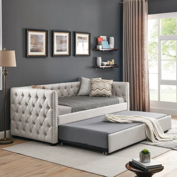 Кушетка с мягким хохлатым диваном-кроватью, с пуговицей и медным гвоздем на квадратных подлокотниках, оба двухместных размера, бежевый (85 “x42.5”x31.5