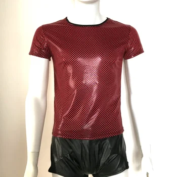 Латексные мужские сексуальные футболки в клетку из искусственной кожи, мужские майки, мужские черно-красные футболки, обтягивающие рубашки, веселый корсет, танцевальная одежда, нижнее белье