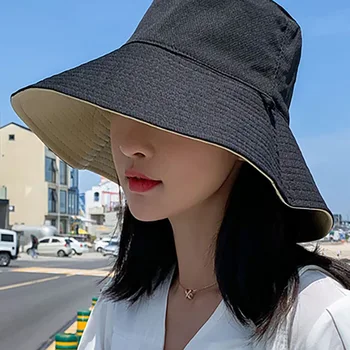 Летние женские Двусторонние шляпы-ведра Модные Складные солнцезащитные шляпы с большими полями, Уличные пляжные кепки с козырьком, Рыбацкая кепка для путешествий