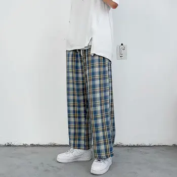 Летние мужские брюки, повседневные прямые брюки в клетку с эластичной резинкой на талии, Модная уличная одежда, Корейский стиль, мужские / Женские брюки Harajuku в стиле хип-хоп