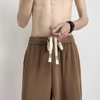 Летние обвисшие коричневые брюки Ice, мужские тонкие повседневные брюки, Корейские свободные Широкие брюки с прямыми штанинами