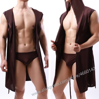 Летний Молочный шелковистый халат для мужчин, однотонный сексуальный халат без рукавов с капюшоном, без нижнего белья, трусы