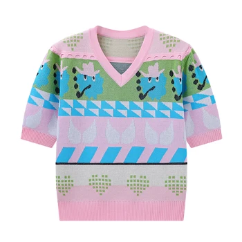 Летний тонкий вязаный пуловер с героями мультфильмов, женский модный повседневный розовый свитер с V-образным вырезом и пышными рукавами