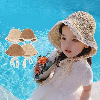 Модная кружевная детская шляпка, Летняя соломенная кепка с бантом для маленьких девочек, Пляжная Детская панама, детские рыбацкие шляпы принцессы с широкими полями
