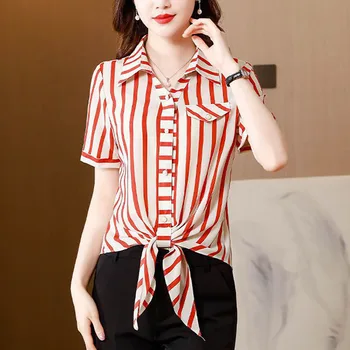 Модная полосатая рубашка с V-образным вырезом и повязкой, женская одежда, Лето 2023, новые повседневные топы Оверсайз, короткая блузка-слип