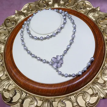 Модное ожерелье из пресноводного серого жемчуга 7-8 мм, Женские аксессуары с мелкими цветами, почти идеальными бриллиантами, Микроинлаймированные, Простые и универсальные