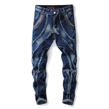 Модные дизайнерские синие джинсы destroyed men, уличная одежда для ночного клуба в стиле пэчворк, джинсовые брюки в стиле хип-хоп, рок, панк, узкие прямые брюки