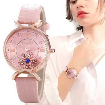 Модные роскошные женские часы с бриллиантовым циферблатом, кожаным ремешком, женские часы, креативные новые женские наручные часы часы женские наручные