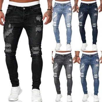 Модные уличные Рваные узкие джинсы Мужские винтажные однотонные джинсовые брюки Мужские повседневные облегающие джинсовые брюки-карандаш горячая распродажа