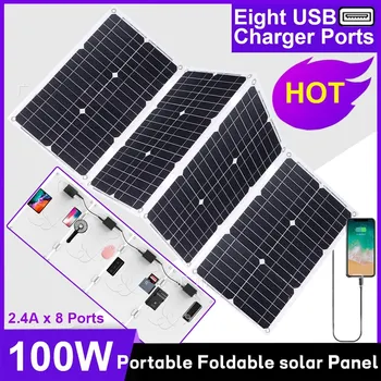 Монокристаллическая солнечная панель мощностью 100 Вт 12 В с 8 USB-портами, подходящая для улицы, путешествий, дома на колесах и быстрой зарядки аккумулятора