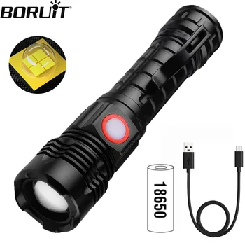 Мощные светодиодные фонари BORUiT, 5 режимов освещения, мощный фонарик, перезаряжаемый через USB, масштабируемый фонарь для самообороны, походный фонарь