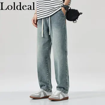 Мужские классические джинсы из денима, широкие эластичные брюки с завязками на высокой талии и карманами