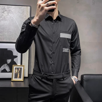 Мужские повседневные рубашки с длинным рукавом Черные рубашки Нарядные мужские рубашки хорошего качества Slim Fit New Spring Мужские рубашки Размер 5XL