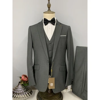 Мужской костюм, блейзер, серый, темно-синий, с зубчатым лацканом, однобортный пиджак, жилет, брюки, приталенный свадебный костюм из трех предметов, роскошь, высокое качество