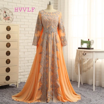 Мусульманские вечерние платья Трапециевидной формы С длинными рукавами, Шифоновое Кружевное Оранжевое Элегантное Длинное Вечернее платье для выпускного вечера, платье для выпускного вечера