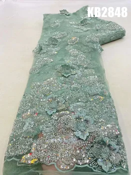 Мятно-зеленая кружевная ткань с бисером, Африканская кружевная ткань, высококачественная Белая кружевная ткань 2023 года с бисером для пошива свадебного платья KB2848
