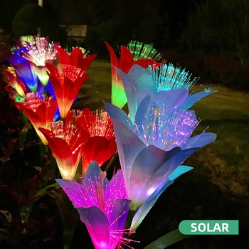 Наружные солнечные волоконно-оптические фонари с лилиями для сада и огорода, водонепроницаемая 7-цветная светодиодная лампа для газона для украшения заднего двора