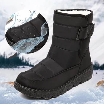 Нескользящие водонепроницаемые зимние ботинки для женщин 2023, зимние ботильоны из толстого плюша, женская обувь на платформе, сохраняющая тепло, Обувь с хлопковой подкладкой.