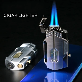 Новая огнестойкая Ветрозащитная Бутановая газовая зажигалка с синим пламенем и технологией Ножа для сигар, Чувствительный металлический корпус, Видимое Воздушное окно