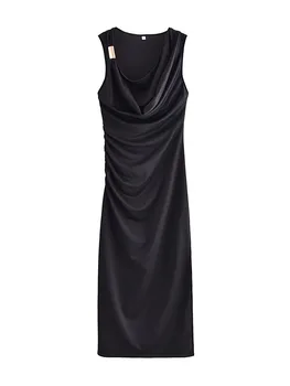 Новое женское летнее платье 2023 года, черный плиссированный приталенный пуловер со средней талией, длинное платье без рукавов