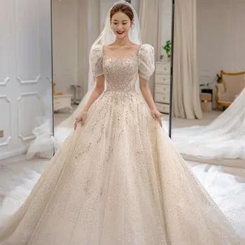Новое роскошное свадебное платье 2022 оригинального дизайна роскошное свадебное платье с бисером, Кружевные свадебные платья с блестками и короткими рукавами