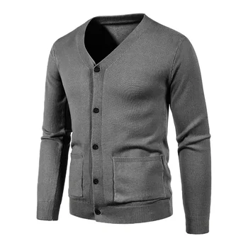 Новый мужской модный кардиган на пуговицах, повседневный вязаный свитер с длинным рукавом, однотонные карманы, теплые домашние пальто, топы, куртки