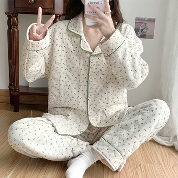 Новый японский стиль, осенне-зимние брюки с длинными рукавами, воздушная хлопковая теплая плотная женская пижама, одежда для сна на дому