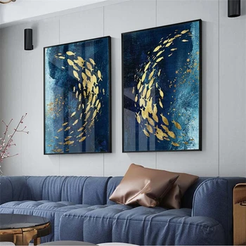 обои wellyu на заказ 3D Nordic blue картина маслом из золотой фольги Рыбий косяк Абстрактная картина для украшения крыльца 3d papel de parede