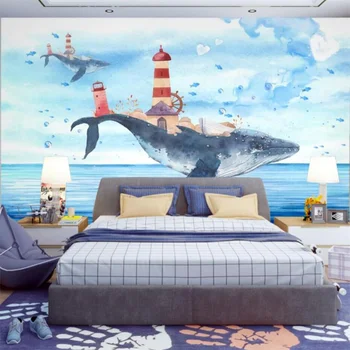 Обои на заказ, 3d фреска, фантазийный кит, маяк, голубой океан, ручная роспись, летучие рыбы, детский фон, стена, Средиземноморье