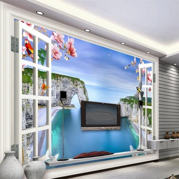 Окно Бейбехан, морской пейзаж, цветы магнолии и птицы, телевизор, диван, фон, стена, большая фреска на заказ, зеленые шелковые обои