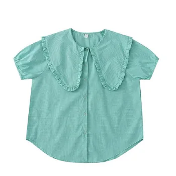 Оригинальная нишевая милая женская рубашка, топы с короткими рукавами И оборками, хлопковая клетчатая зеленая блузка, свободная, Летняя новинка 2023