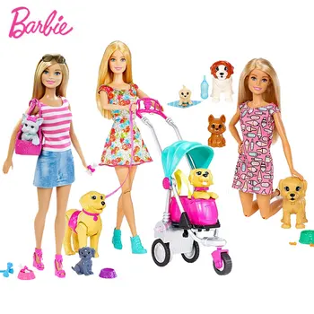 Оригинальный набор кукол для дневного ухода за собачками Barbie, комбинация по уходу за домашними собаками, детская Развивающая игрушка, подарок на День рождения FXH08, Игрушки для девочек