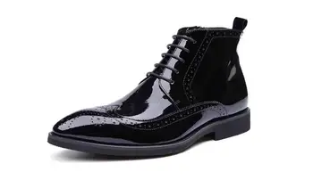 Осенне-зимние мужские ботинки черного цвета с высоким берцем из лакированной кожи с острым носком типа 