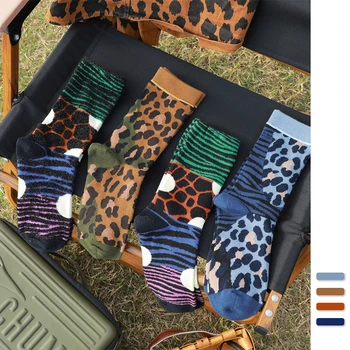 Осенне-зимние носки с леопардовым принтом, перьями и тигровыми полосками, модные цветные носки, хлопковые женские утолщенные носки до середины бедра