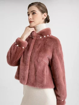 Осенне-зимняя корейская версия 2023 года, Темпераментное пальто с длинными рукавами и воротником-стойкой, утепленное бусинами из меха норки, сохраняющее тепло пальто
