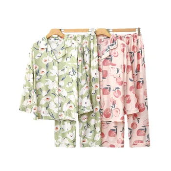 Пижамы Женские хлопковые Весна-лето 2023, новые пижамы с длинными рукавами и мультяшным принтом, удобные дышащие