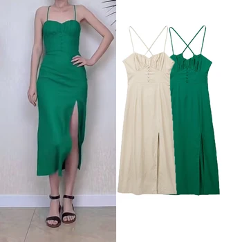 Платье 2023, новое модное тонкое платье на бретелях, элегантное женское платье, шикарные уличные зеленые длинные молодежные платья с открытой спиной