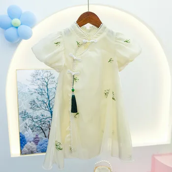 Платье Hanfu для девочек 2023, Новая детская юбка со стоячим воротником и вышивкой, Летняя юбка принцессы из тонкой пряжи Ципао среднего и большого размера